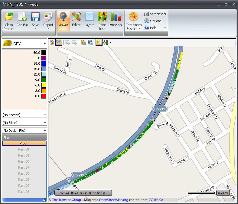 Screenshot of Veda, a tool that displays and analyzes intelligent compaction data to speed construction and reduce costs.