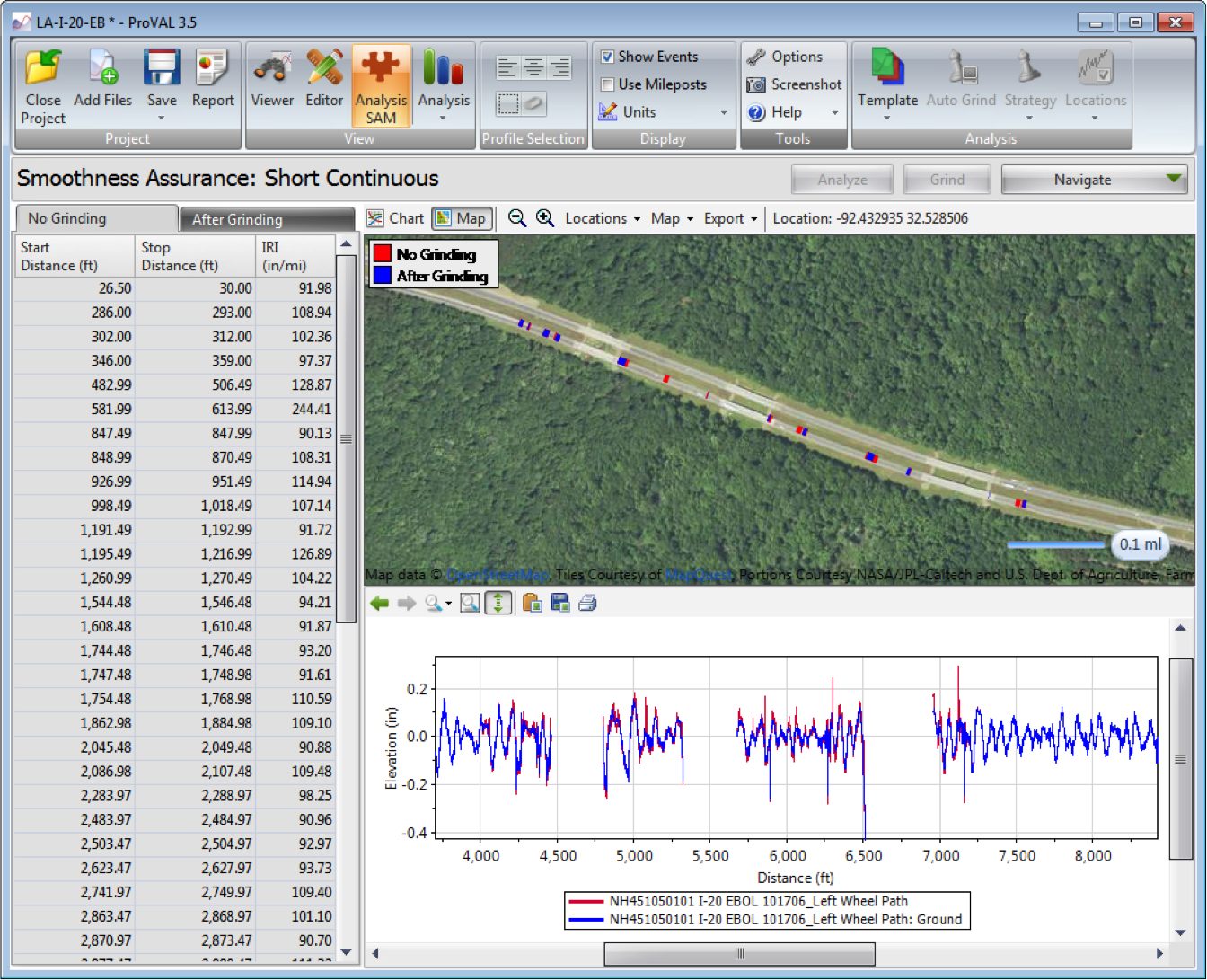 ProVAL 3.5, a pavement profile viewing and analysis tool, displays the results of a pavement smoothness analysis on an aerial map.
